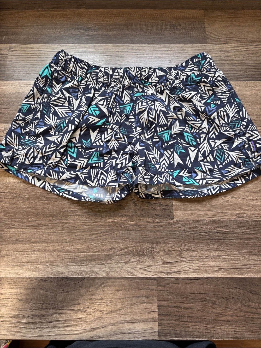 Patagonia Barely Baggies shorts in a blue geometric pattern featuring a 2.5-inch